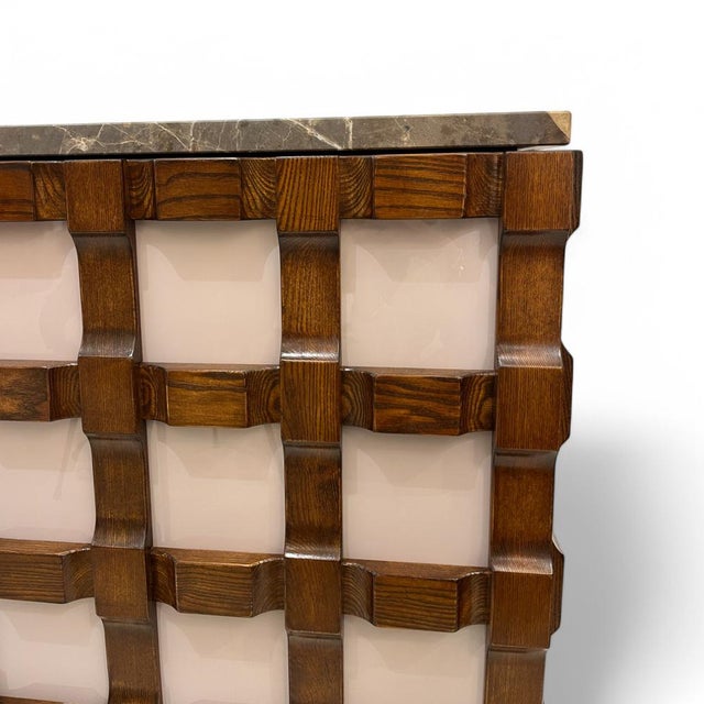 Carved Wood Sideboards with Pink Glass and Marble, Set of 2 For Sale - Image 6 of 13