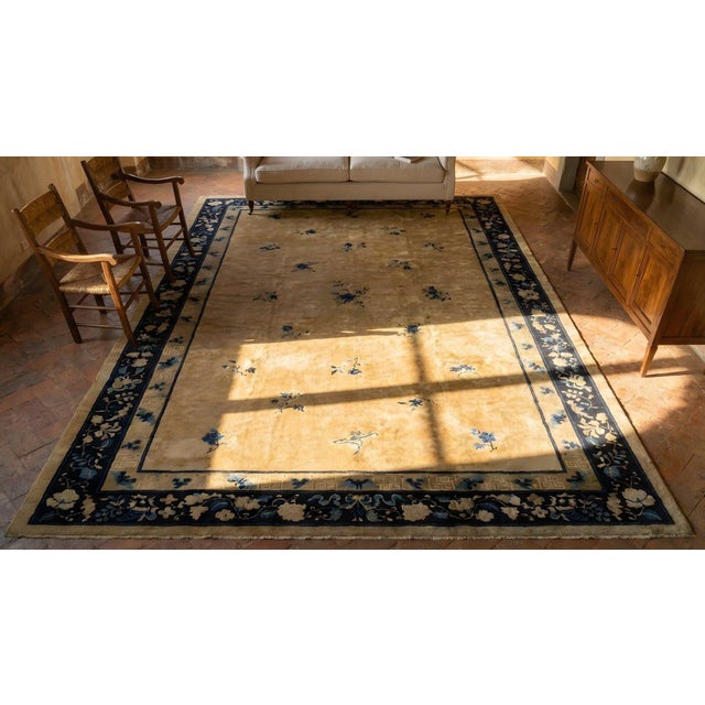 1920s Beige Floral Classic Antique Chinese Peking Carpet 8'10'' X 14' Knotted Wool Rug For Sale - Image 15 of 15