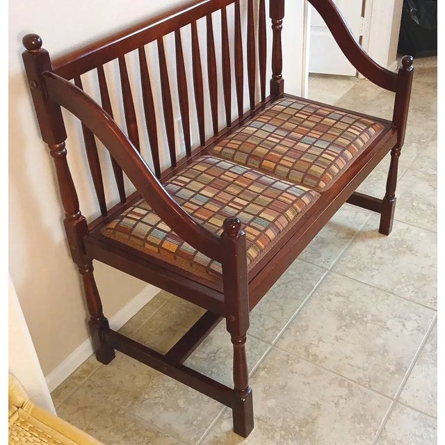 American Antique Inspired Spindle Back Cherrywood Hall Bench With Removable Upholstered Seat. For Sale - Image 3 of 10