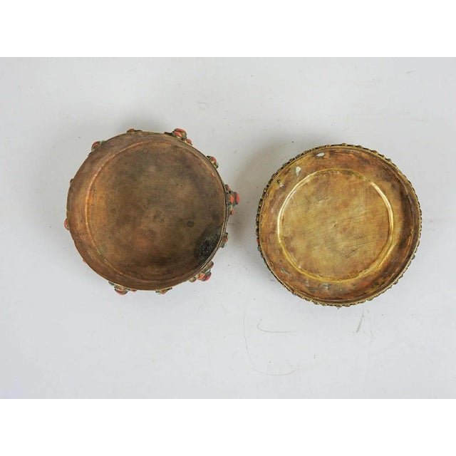 Metal Vintage Brass Filigree Coral Turquoise Round Box For Sale - Image 7 of 8