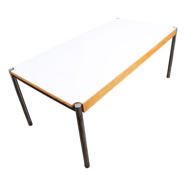 1970s Mid Century Modern Folding Table Jens Risom Burr Howe Furniture Oak Chrome White For Sale