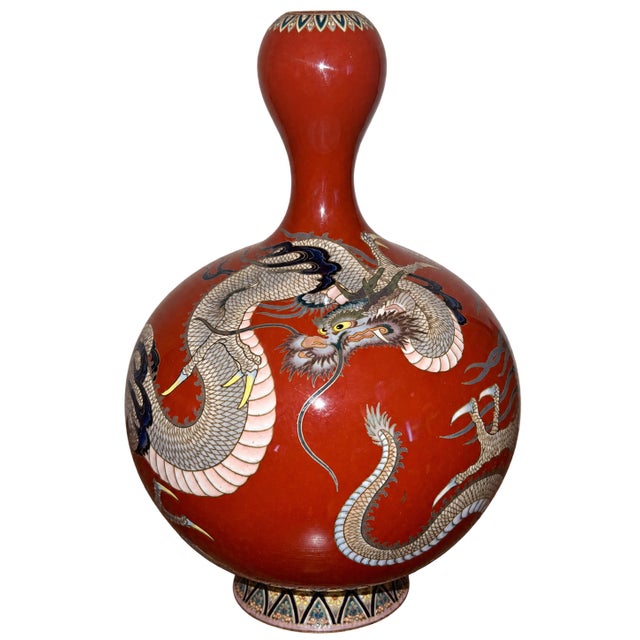Japanese Cloisonne Enamel Red Gourd Shaped Dragon Vase Meiji For Sale - Image 9 of 10