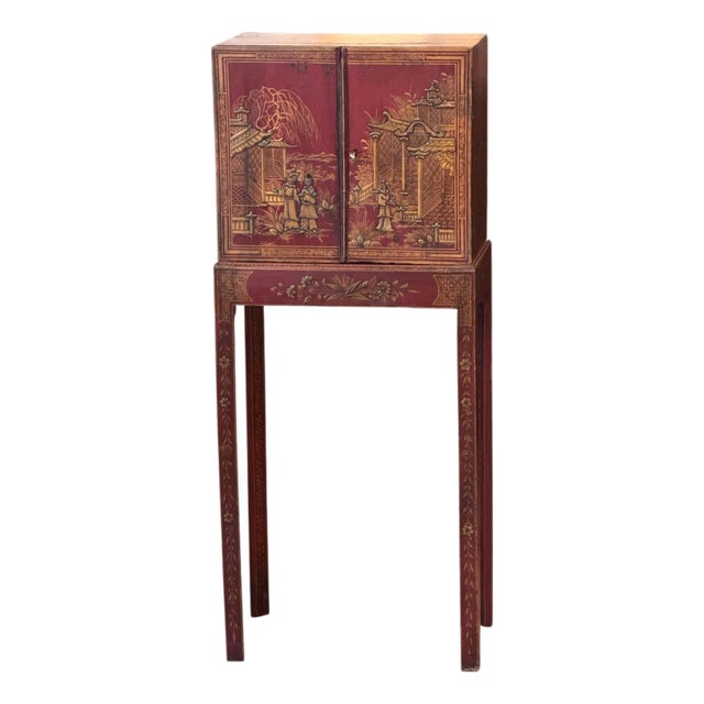 19th Century Red Chinoiserie Painted Cabinet on Stand For Sale