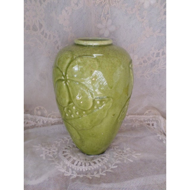 This is a Gorgeous! Antique Arts & Craft Rookwood Pottery Green Embossed Flower Design Vase in a Unusual Green and has a...