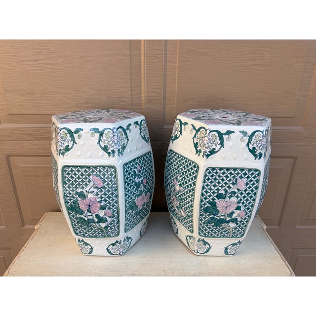 Late 20th Century Chinoiserie Floral Green and Pink Porcelain Garden Stools or Side Tables, Pair For Sale - Image 9 of 10