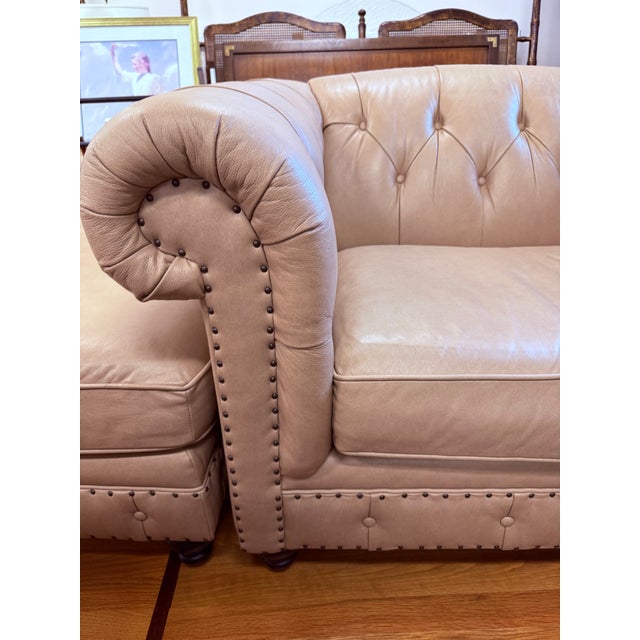 Bernhardt Bernhardt Tan Leather Tufted Chesterfield Club Chair and Ottoman For Sale - Image 4 of 6