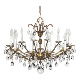 Antique 12 Light Captivating Curvaceous Brass Cut Lead Crystal Chandelier For Sale