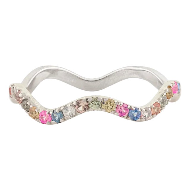 Vivid Multi Sapphire 14k White Gold Wave Ring Size 5 For Sale