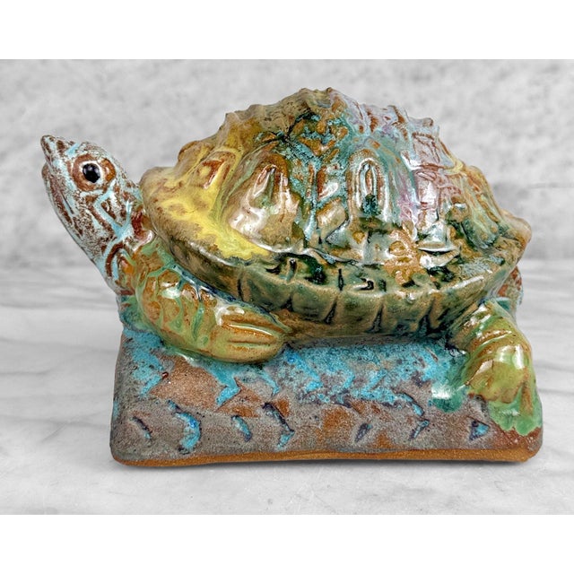 Vintage 1970s Stoneware Drip Glazed Turtle Garden Sculpture For Sale - Image 6 of 11