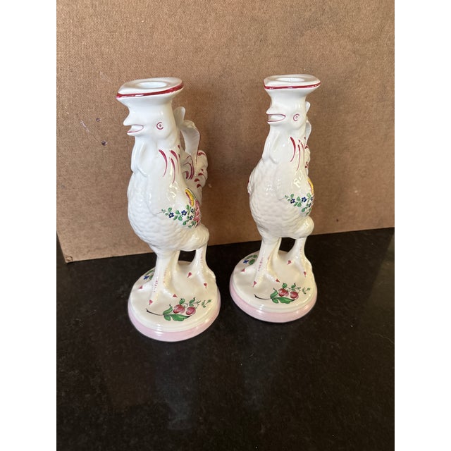 Antique White French Luneville Rooster Candle Holders For Sale - Image 8 of 9