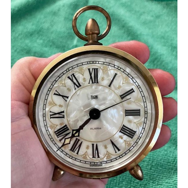 1960s Vtg. Elgin Alarm Clock Germany Mother of Pearl Dial Solid Brass Accents Mechanical Wind Works For Sale - Image 5 of 10