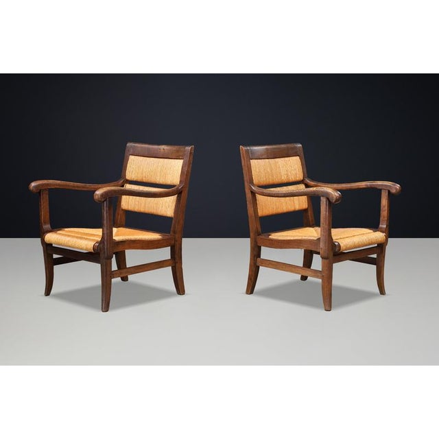 Brown French Lounge Chairs in Oak and Rush, 1950s, Set of 2 For Sale - Image 8 of 10