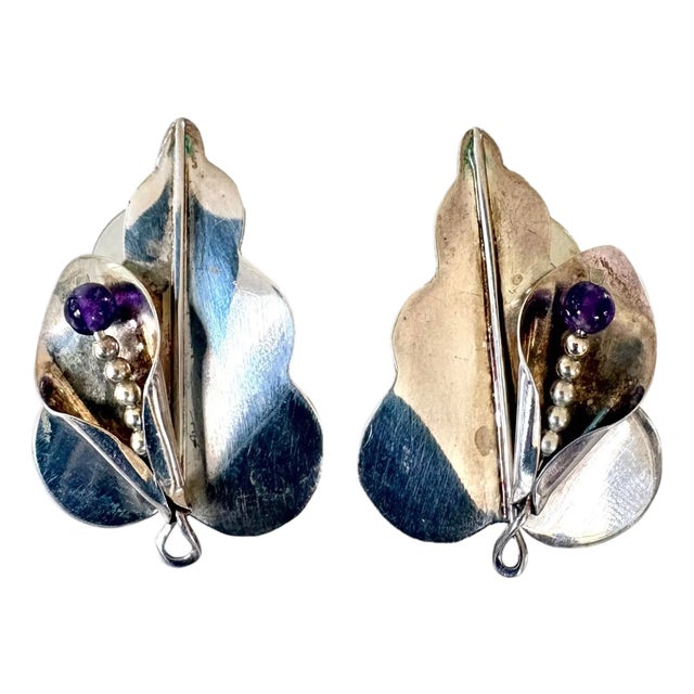 Vintage Sterling Silver Leaf Design With Amethyst Accent Pierced Earrings, Pair For Sale