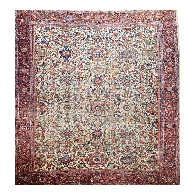 Antique Persian Ziegler Mahal Sultanabad Rug, Hand-Knotted Wool, Geometric Pattern, 11x14, Ivory & Red For Sale