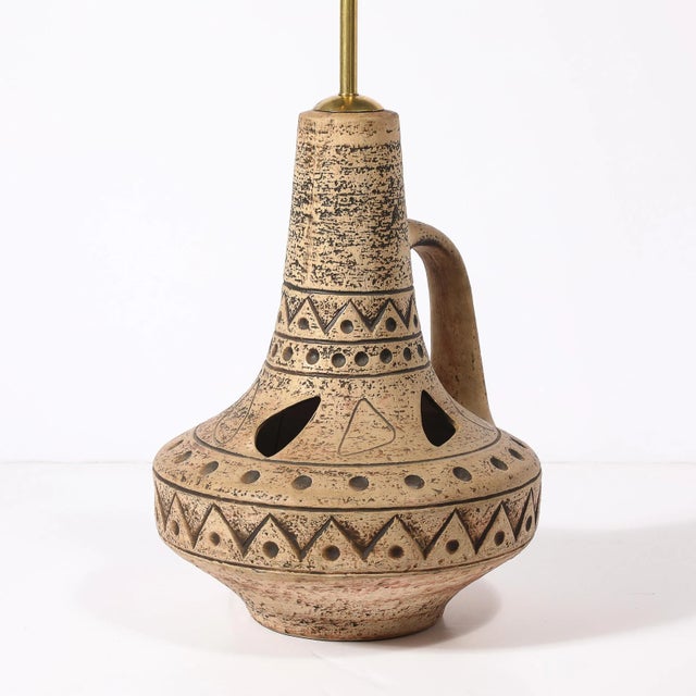 Mid-Century Ceramic Table Lamp W/ Geometric Umber Motifs & Organic Cutout Detail For Sale In New York - Image 6 of 14