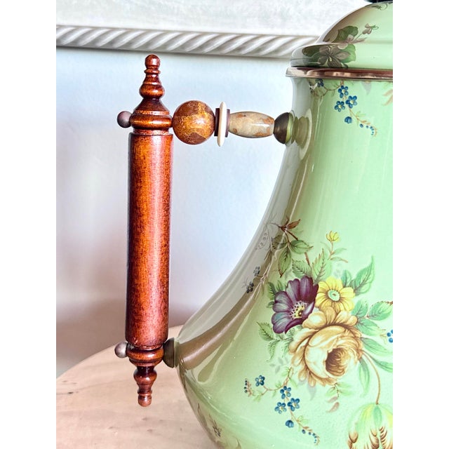 Wood Vintage 1995 Camp Mackenzie Childs Green Floral Coffee Pot/Kettle With Wood Handle and Lid For Sale - Image 7 of 12