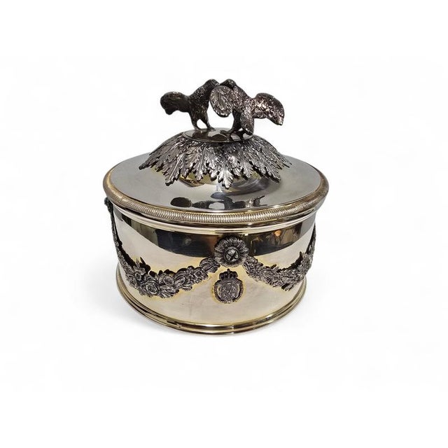 Elegant solid silver box crafted by renowned Spanish silversmith Yanes, bearing the royal coat of arms of the Spanish...