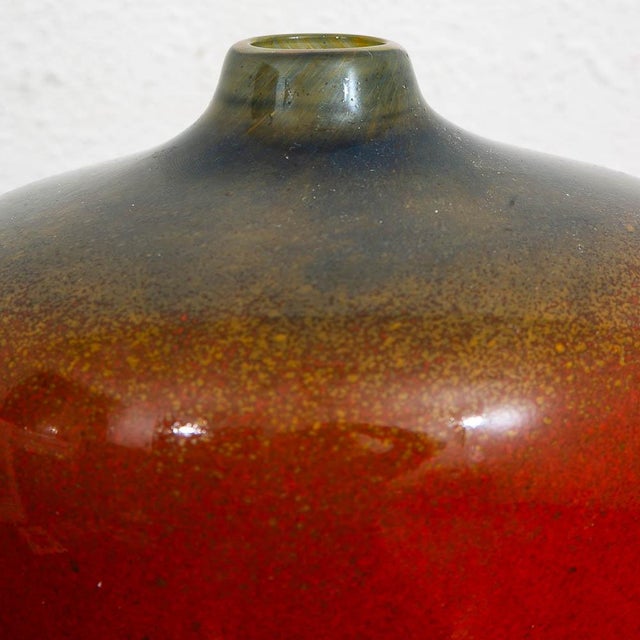 1970s Mid Century Modern Studio Glass Vase Blue Red and Yellow 70s Handblown Flower Vase For Sale - Image 5 of 12