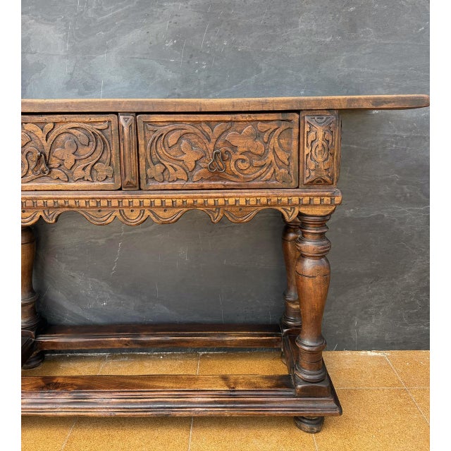 Spanish Renaissance Oak Console Table with Two Carved Drawers, 1890s For Sale - Image 6 of 11