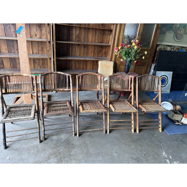 Wood Vintage Scorched Bamboo and Rattan Folding Chairs, Set of 5 For Sale - Image 7 of 12