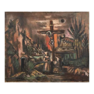 Frederick Robbins Childs (1908-1978) - Modernist Crucifixion by a Lake, Signed (Ca. 1950, Oil on Canvas)