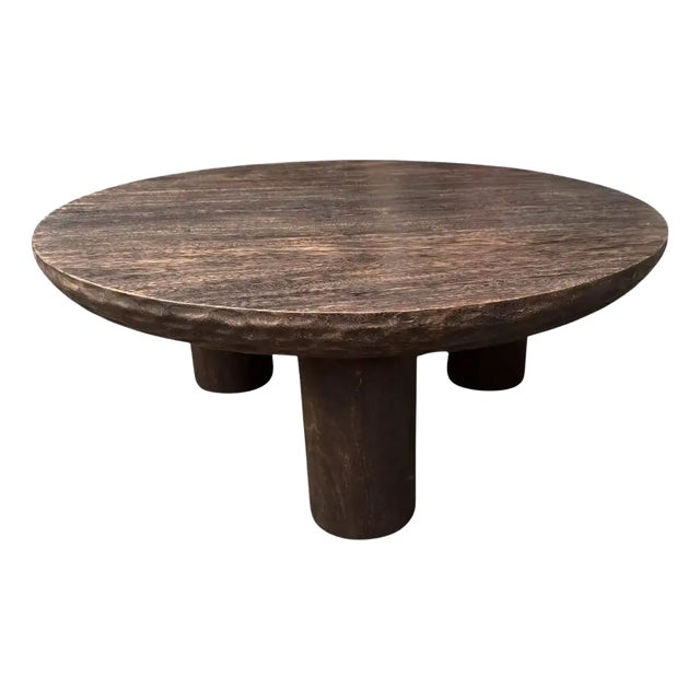 Suar Wood Round Table, Espresso Finish, Modern Organic Hand-Hewn Detailing For Sale