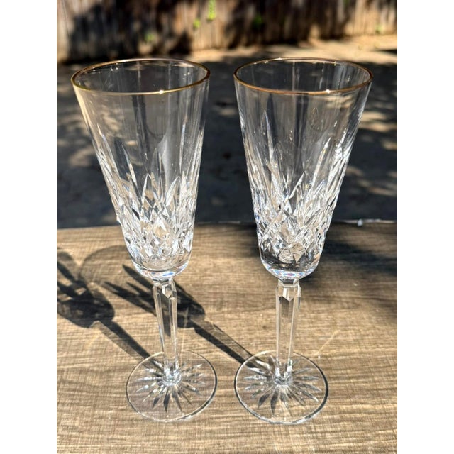 Contemporary Late 20th Century Waterford Golden Lismore Tall Champagne Flutes 8.75" Gold Rim Signed Set of 2 For Sale - Image 3 of 5