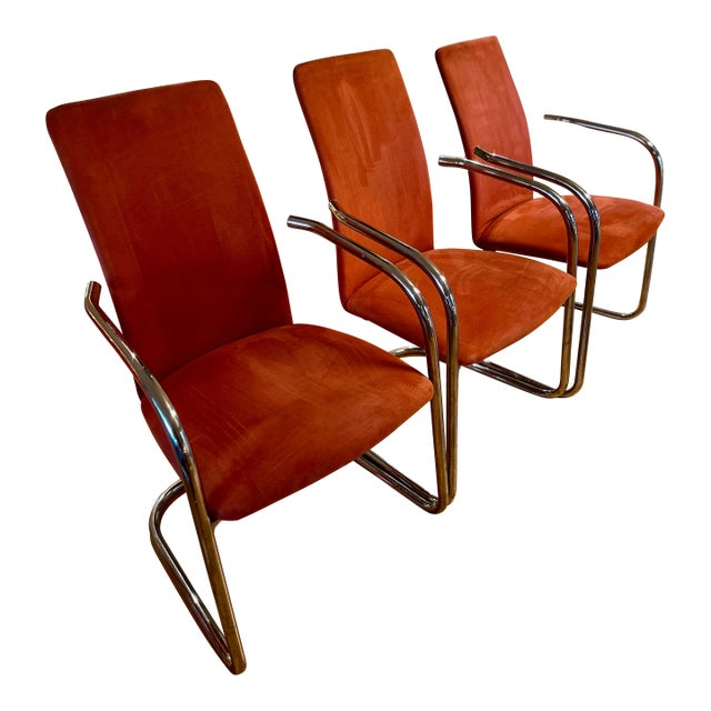 Vintage Italian Chrome Effezeta Cantilever Dining Chairs in Orange – Set of 3 For Sale
