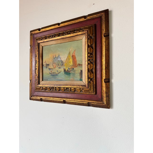 1970s Vintage Venice Coastal - Sailboat Landscape Scene Oil Painting by L. Porino For Sale - Image 4 of 12
