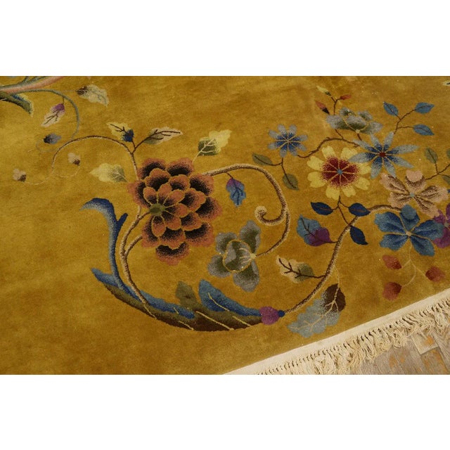 1920s Yellow Gold Floral Vase Antique Chinese Art Deco Carpet 8'8" X 11'4" Knotted Wool Rug For Sale In New York - Image 6 of 12