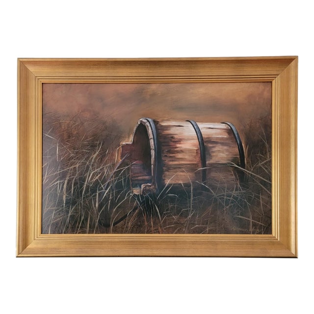 Original Signed Oil Painting by Rebecca Hodges - Still Life With Wooden Barrel - Professionally Framed For Sale