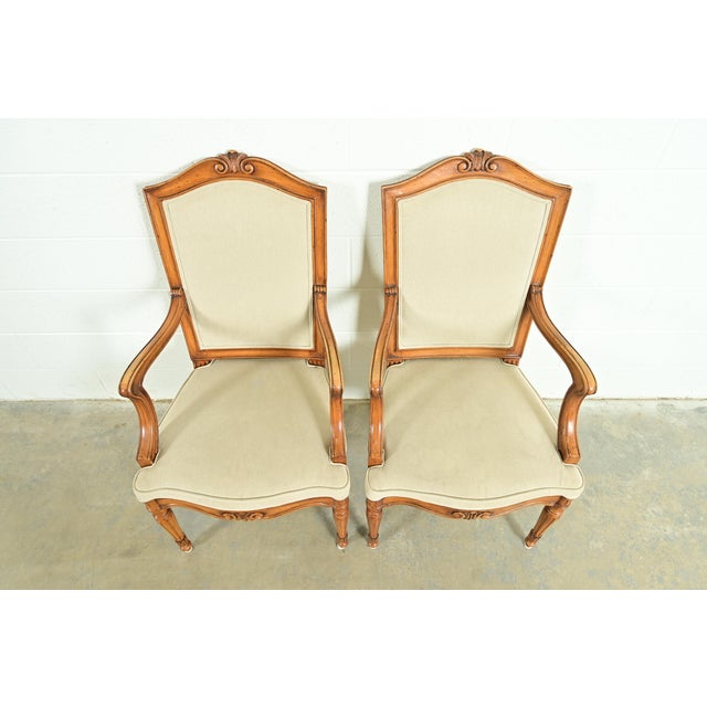 Late 20th Century Baker Furniture Style French Regency Louis XVI Carved Walnut Armchairs or Dining Captain Chairs, Pair For Sale - Image 5 of 13