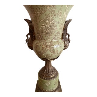 Vintage Hua Rong Tang Zhi Bronze Mounted Sage Green Crackle Porcelain Urn Vase For Sale