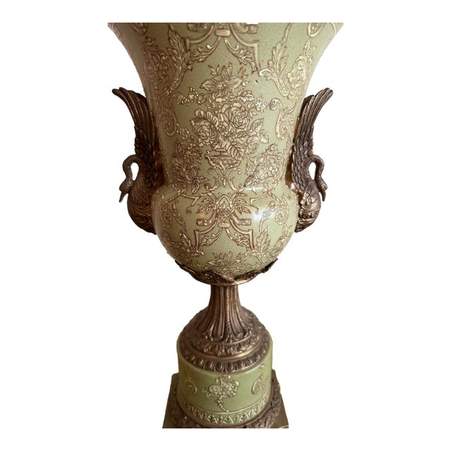Vintage Hua Rong Tang Zhi Bronze Mounted Sage Green Crackle Porcelain Urn Vase For Sale