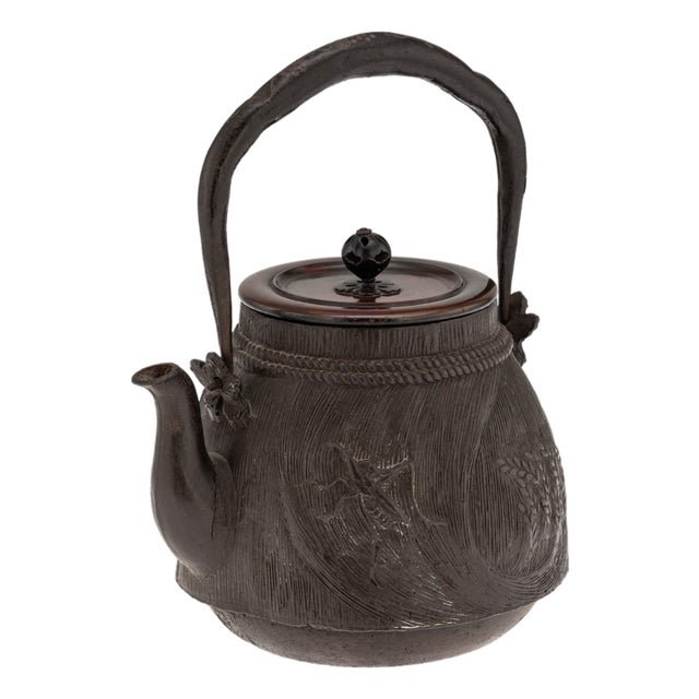 Antique Japanese Carved Cast Iron Ryubundoa Tetsubin Kettle, 19th Century For Sale