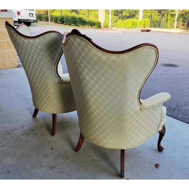 Pair of Mid-Century French Louis XV–Style Carved Walnut Wingback Chairs For Sale - Image 10 of 13
