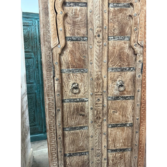 Vintage Arched Door Armoire – Limewashed Farmhouse Cabinet With Rustic European Charm For Sale - Image 4 of 8