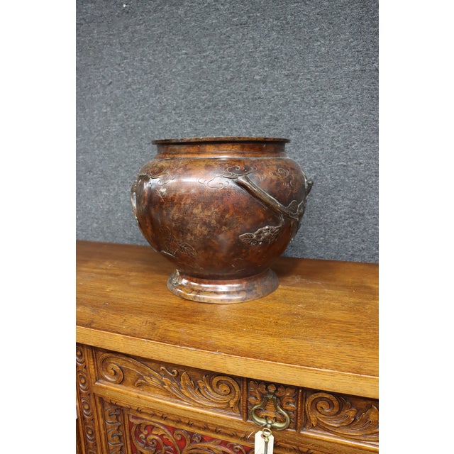 Japanese Bronze Jardinière With Bird and Floral Relief For Sale - Image 10 of 11