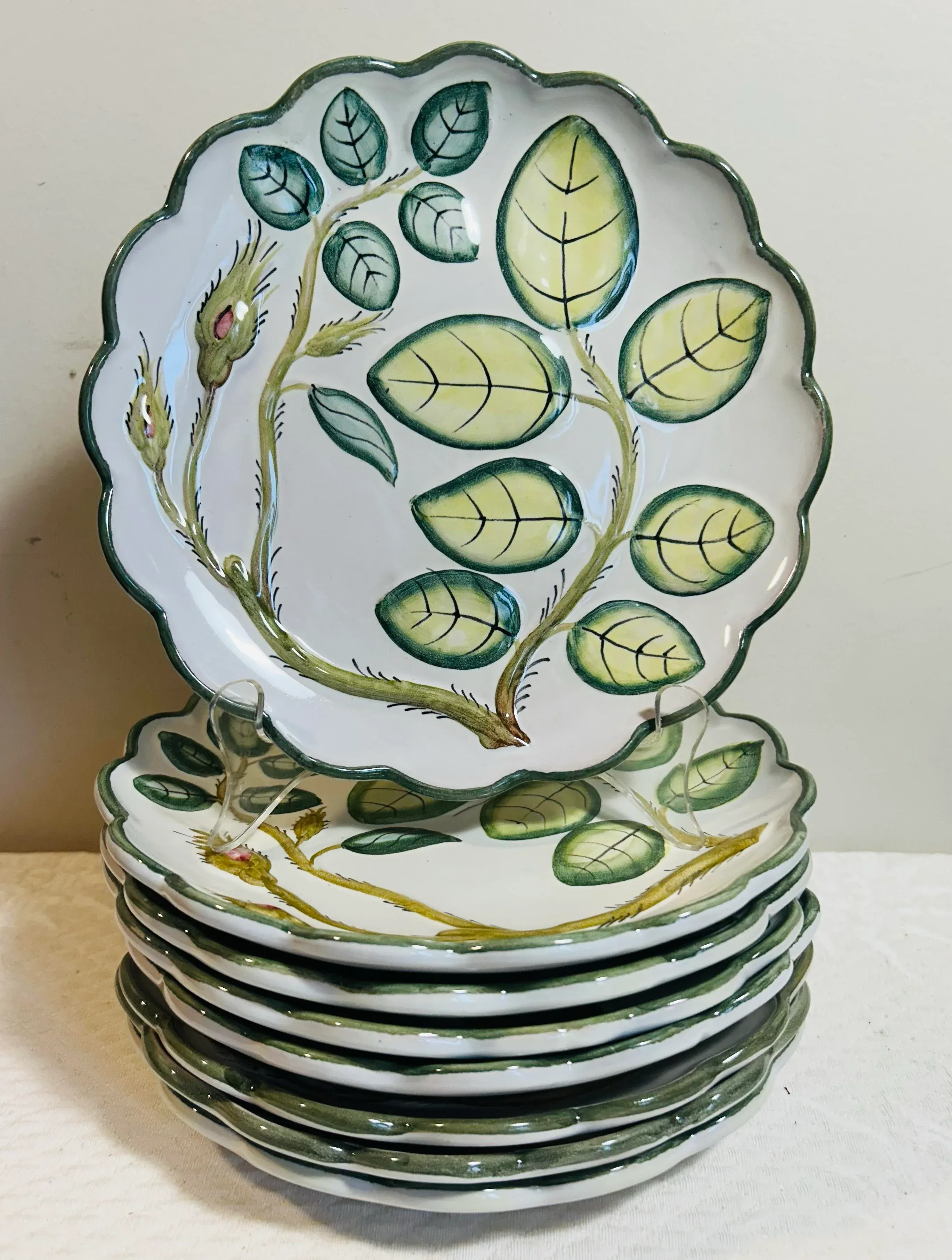 Vintage Set of 8 Scalloped Edge 8” Salad Plates Handpainted Olive 