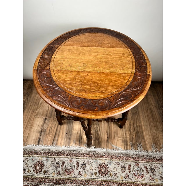 Wood Antique English Oak Carved Gateleg Occasional Table C. Late 19th Century For Sale - Image 7 of 10