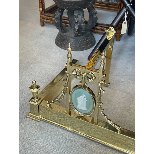 Antique English Brass & Wedgwood Fireplace Fender, 19th C. Regency For Sale - Image 4 of 13