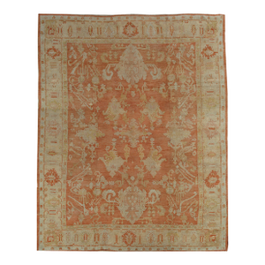 Antique Oushak Carpet, Handmade Oriental Rug, Coral Field, Gold, Ivory Border