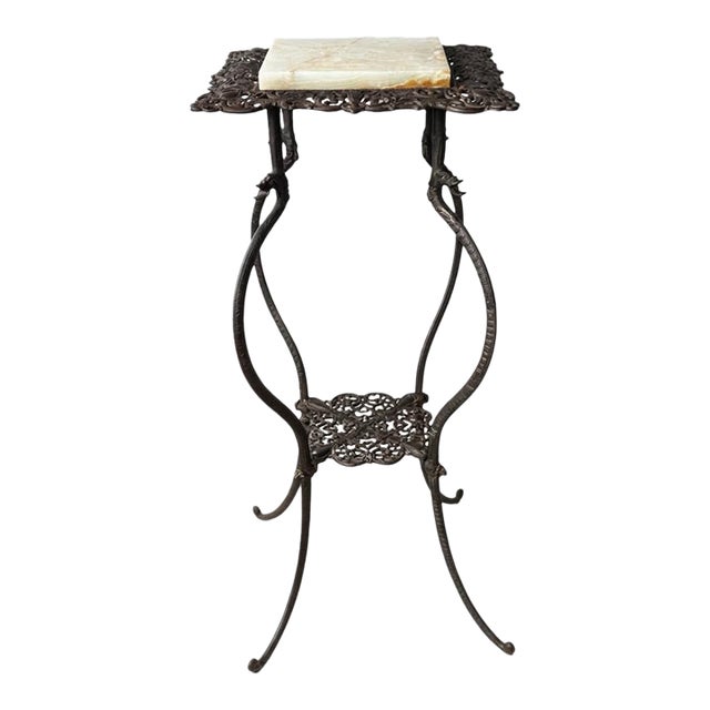 Antique 1890s National Brass & Iron Works Ornate Victorian Cast Iron and Onyx Plant Stand For Sale