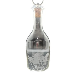 Vintage Clear Etched Glass Cordial Decanter Frosted Horses & Stopper For Sale
