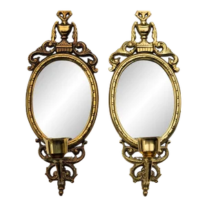 Early 20th Century Pair of Vintage Ornate Brass Mirrored Sconces Louis XVI French Style
