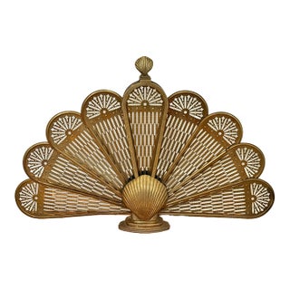 Vintage Brass Peacock Folding Fireplace Screen With Shell Motif For Sale