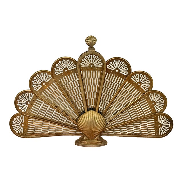 Vintage Brass Peacock Folding Fireplace Screen With Shell Motif For Sale