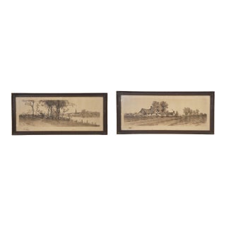 2 Antique 1895 Alfred Hopkins Panoramic Country Landscape Etchings Pair 25", Framed For Sale