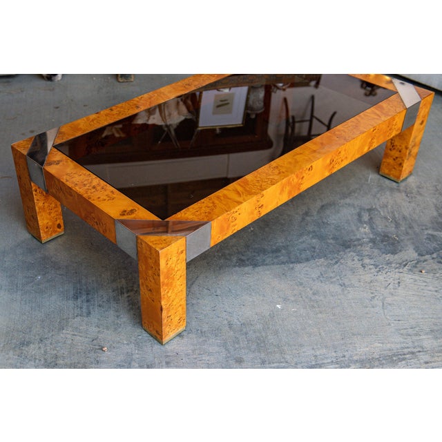 1970s Burl & Smoke Glass Coffee Table With Chrome Trim in the Style of Milo Baughman For Sale - Image 6 of 18