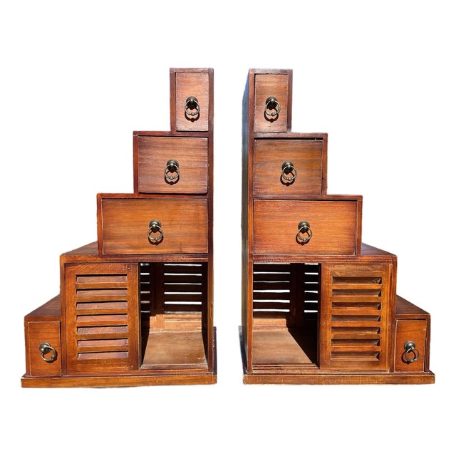 Pair of Vintage 20th C. Dovetailed Tansu Step Wooden Shelves Asian Art For Sale